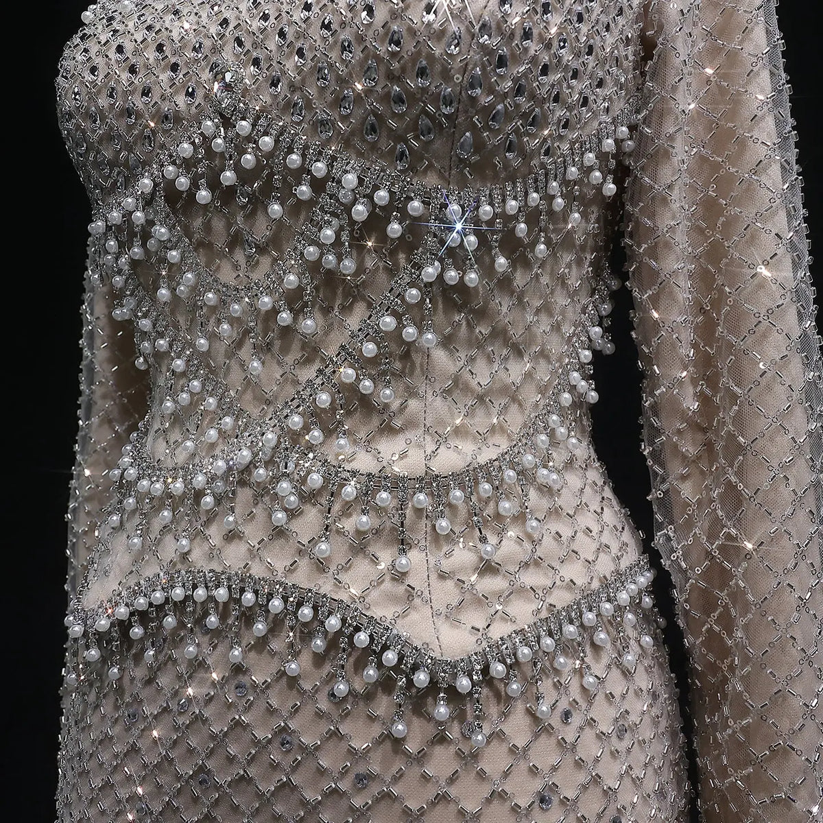 Luxury Dubai Gray Crystal Evening Dress with Long Sleeves SS633 