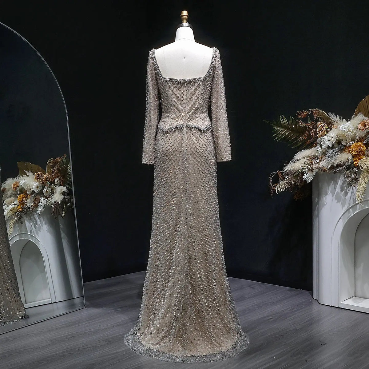 Luxury Dubai Gray Crystal Evening Dress with Long Sleeves SS633 