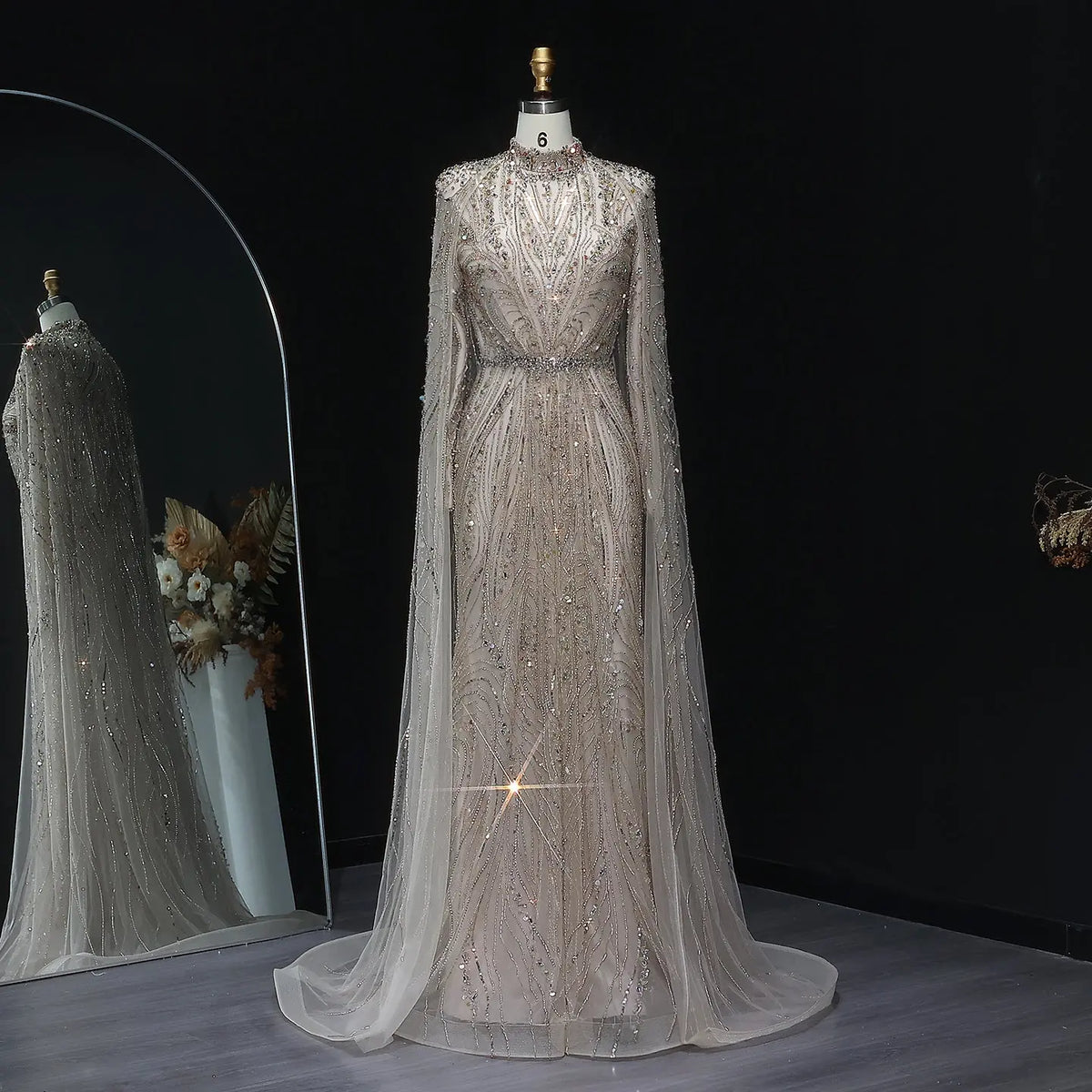 Luxury Champagne Long Sleeve High Neck Evening Dress with Cape SS366 Luxury Champagne Long Sleeve High Neck Evening Dress with Cape SS366