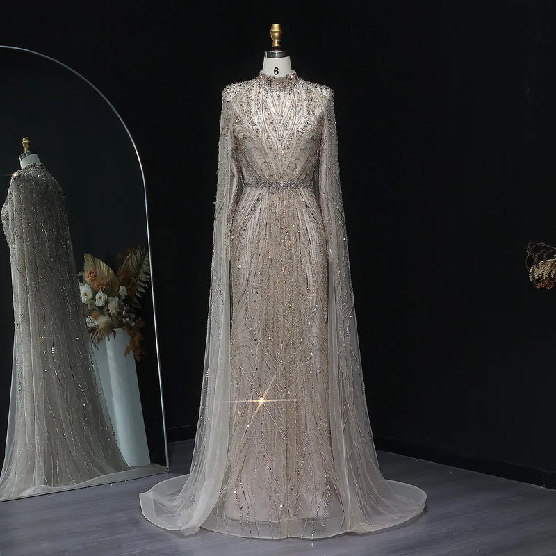 Luxury Champagne Long Sleeve High Neck Evening Dress with Cape SS366 