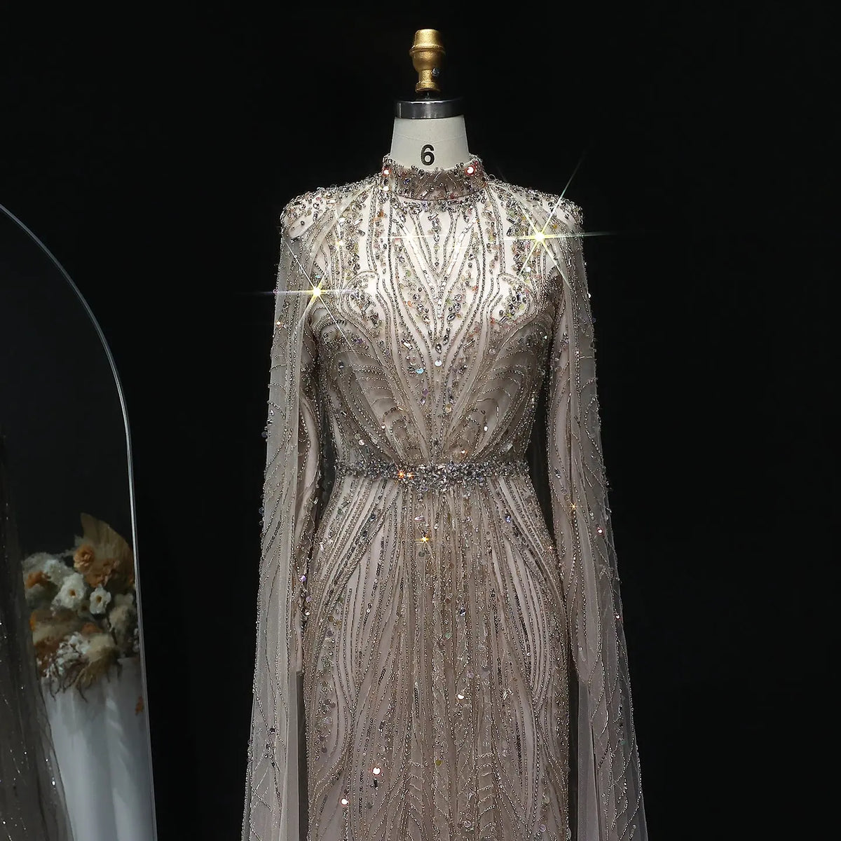 Luxury Champagne Long Sleeve High Neck Evening Dress with Cape SS366 