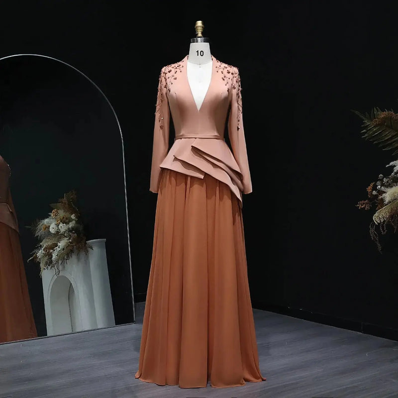 Elegant Crystal Orange Evening Dress with Long Sleeves SS216 