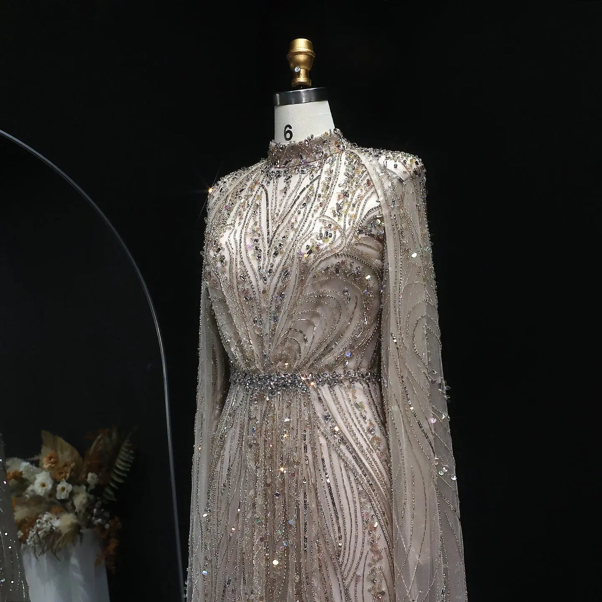 long sleeve champagne dress Luxury Champagne Long Sleeve High Neck Evening Dress with Cape SS366
