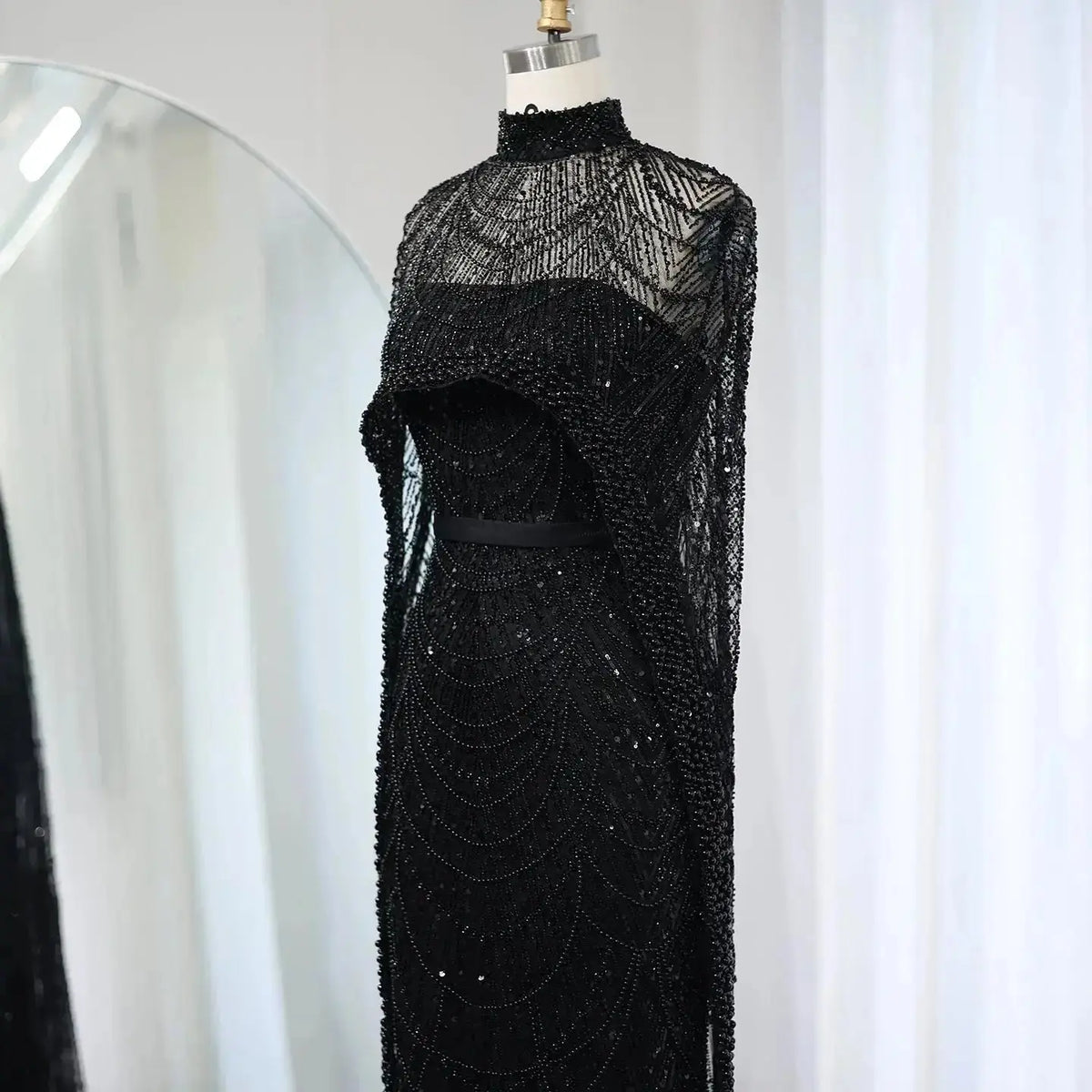 Luxury Pearls Champagne Evening Dress with Cape SS369 Luxury Pearls Champagne Evening Dress with Cape SS369