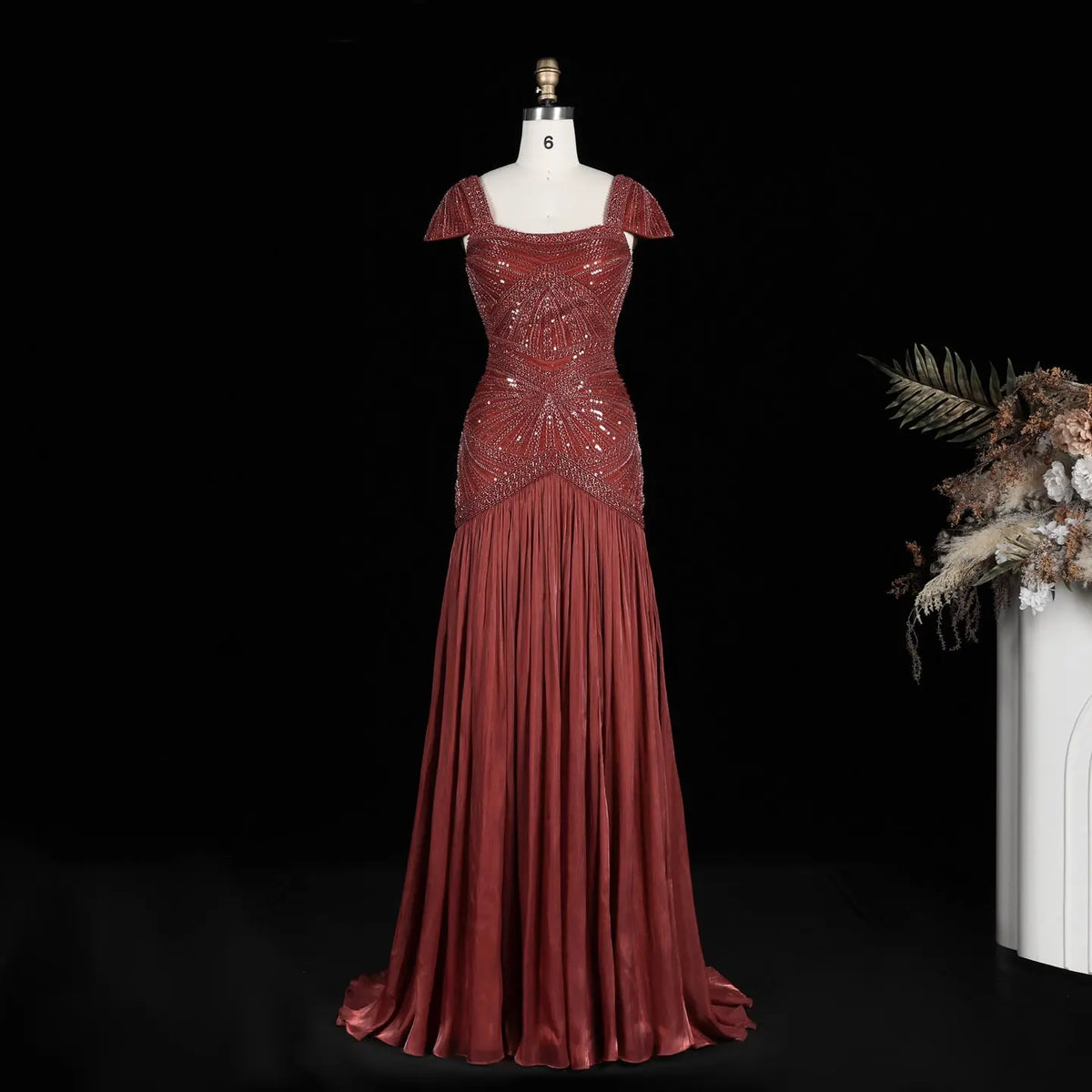 Rust Red Sequin Evening Gown Pleated Dress SS325-15