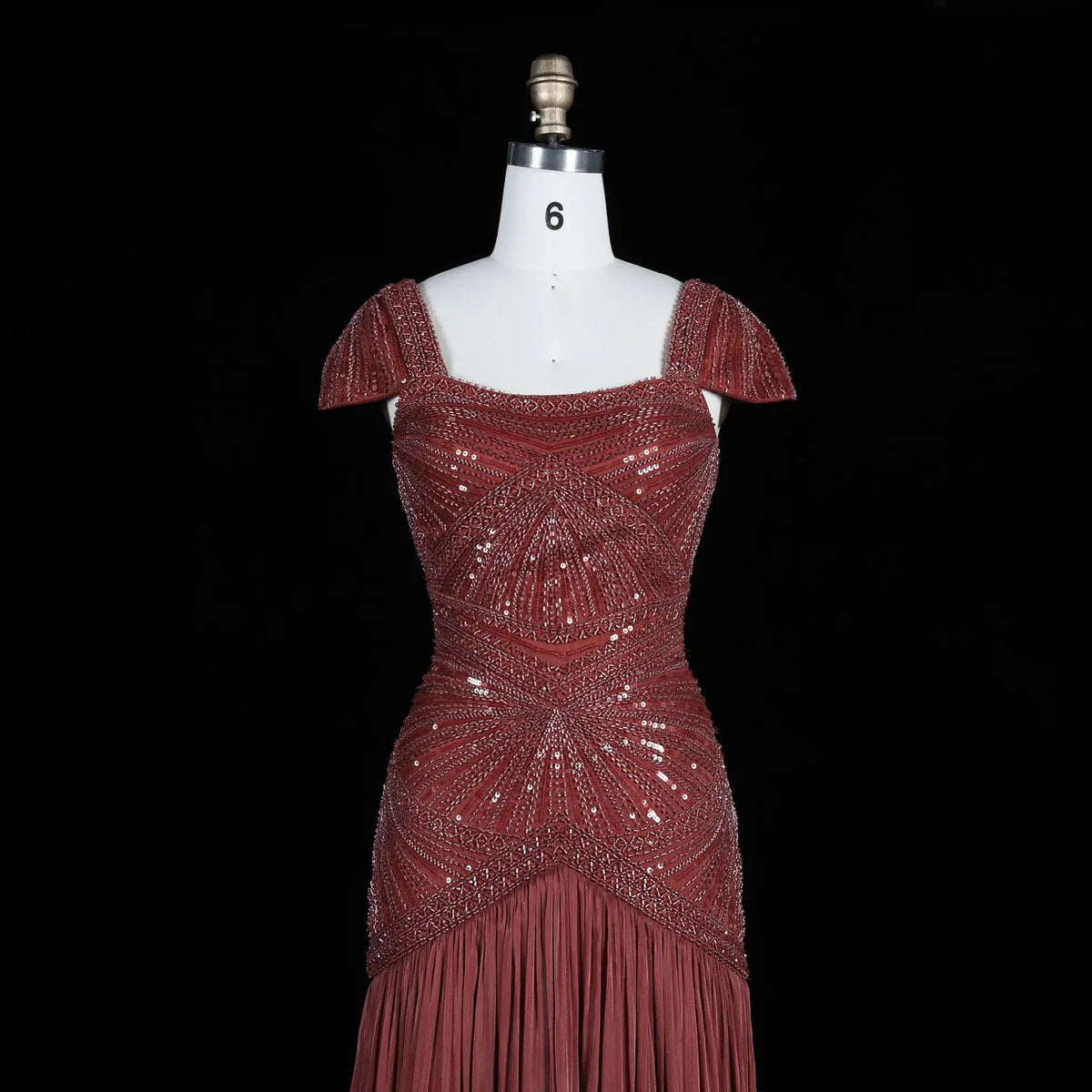 Rust Red Sequin Evening Gown Pleated Dress SS325-16