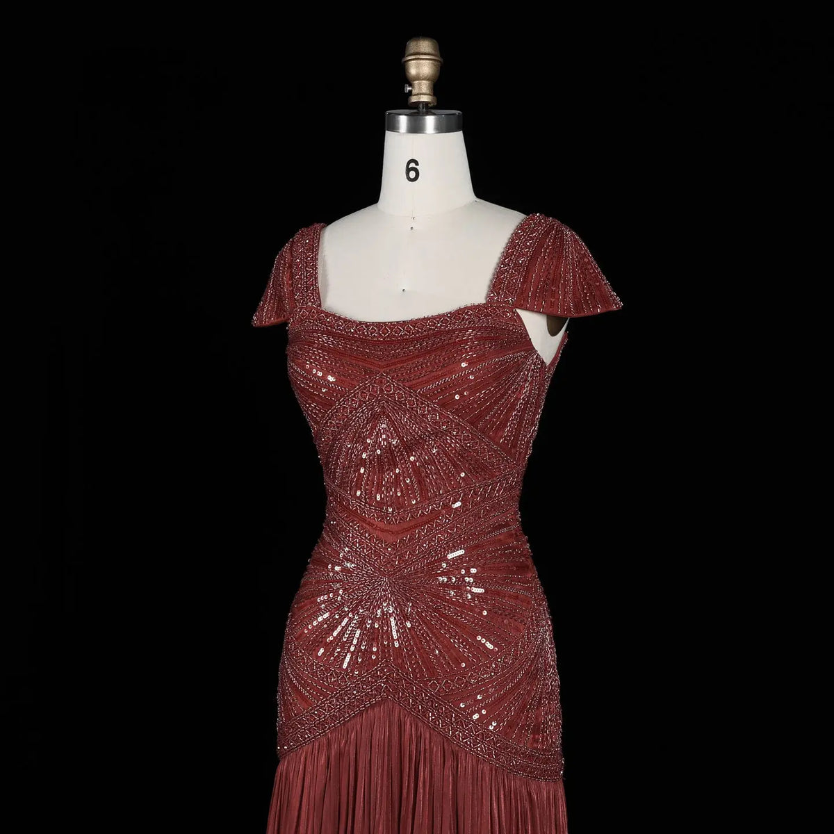 Rust Red Sequin Evening Gown Pleated Dress SS325-17