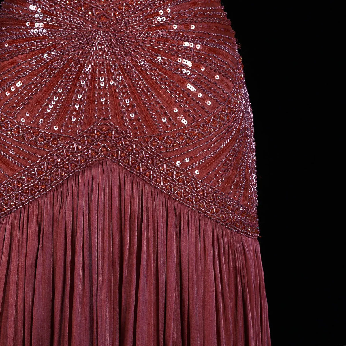 Rust Red Sequin Evening Gown Pleated Dress SS325-18
