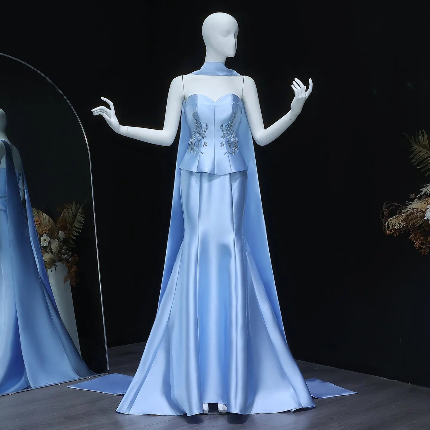 Elegant Blue Satin 3D Flowers Evening Dress – SHARONSAID
