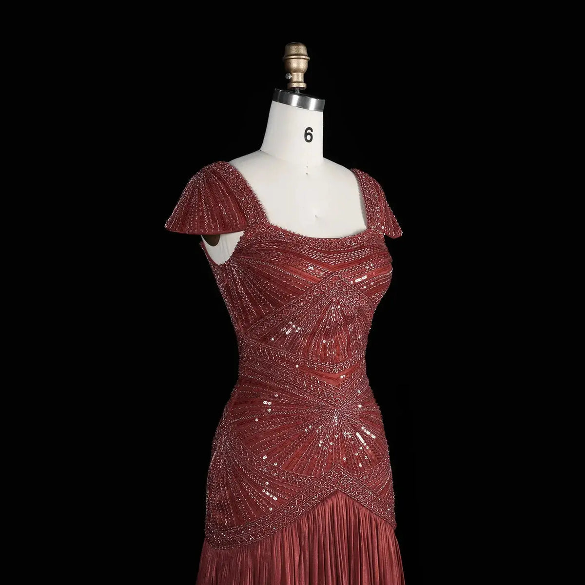 Rust Red Sequin Cap Sleeve Pleated Formal Evening Gown SS325 