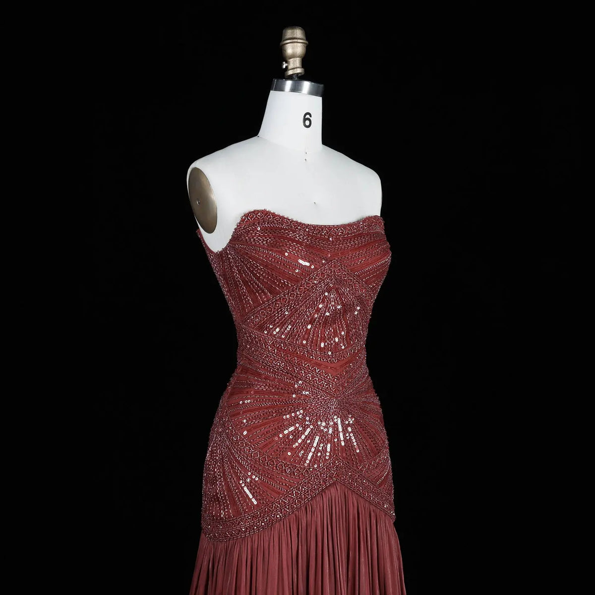 Rust Red Sequin Evening Gown Pleated Dress SS325-19