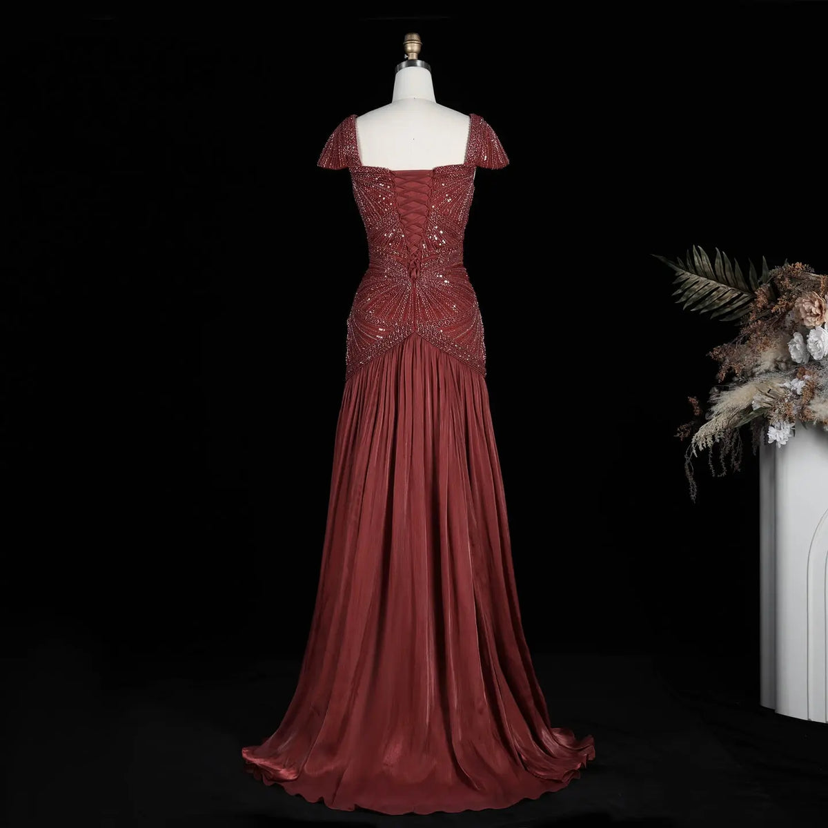 Rust Red Sequin Evening Gown Pleated Dress SS325-21