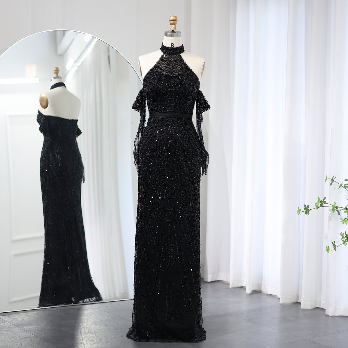 Luxury Nude Halter Mermaid Evening Dress with Gloves SS689 