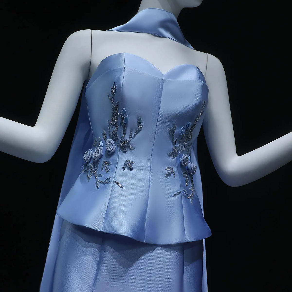 blue satin dress with flowers Elegant Blue Satin Dress Adorned with Handcrafted Feather Flowers Liina Stein
