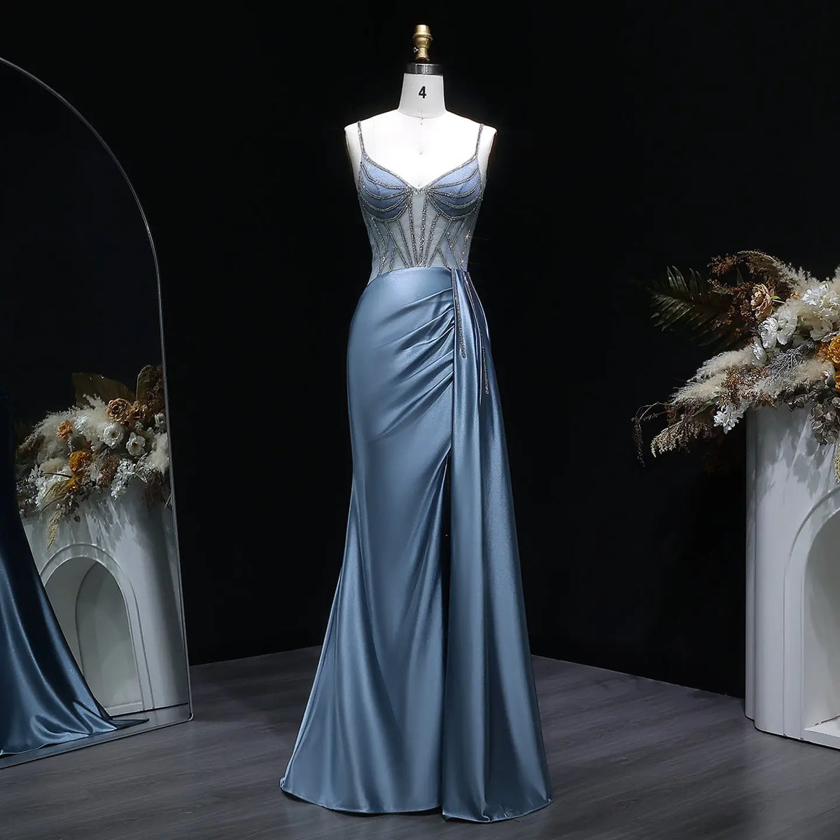 Luxury Blue Crystal Sheer Ruched High-Slit Mermaid Prom Dress SH405 SHARONSAID Luxury Blue Crystal Sheer Ruched High-Slit Mermaid Prom Dress SH405 SHARONSAID