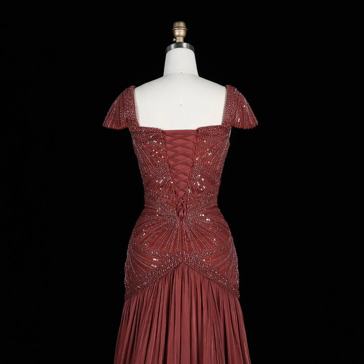 Rust Red Sequin Evening Gown Pleated Dress SS325-22