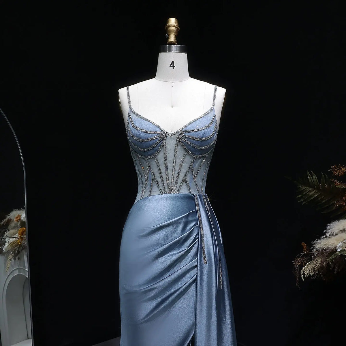 Luxury Blue Crystal Sheer Ruched High-Slit Mermaid Prom Dress SH405 