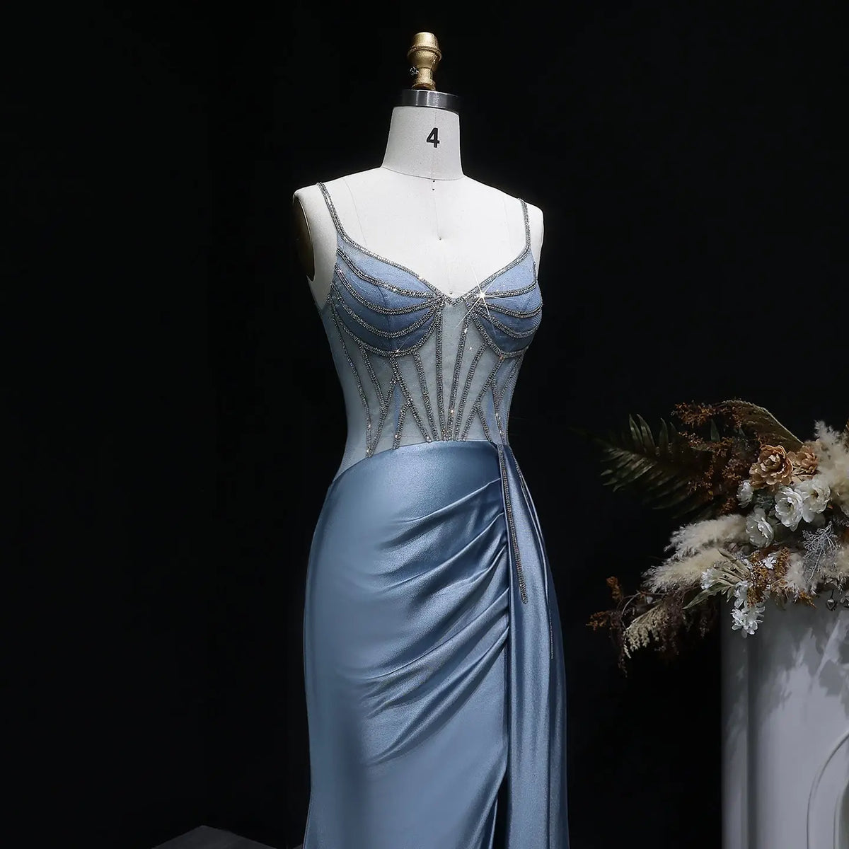 Luxury Blue Crystal Sheer Ruched High-Slit Mermaid Prom Dress SH405 