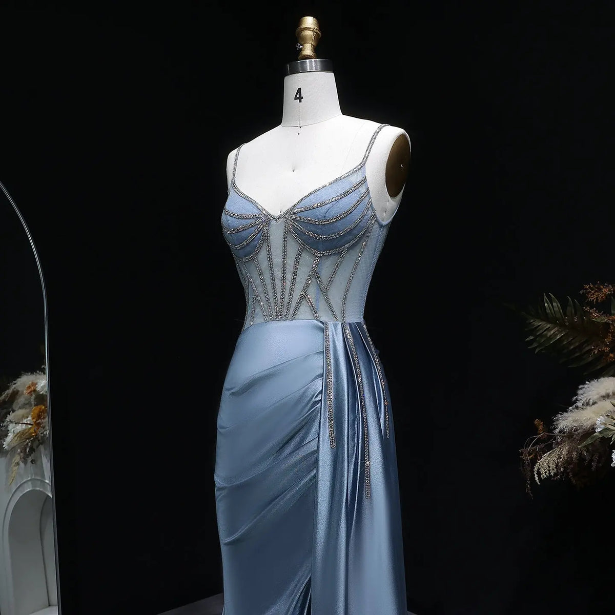 Luxury Blue Crystal Sheer Ruched High-Slit Mermaid Prom Dress SH405 