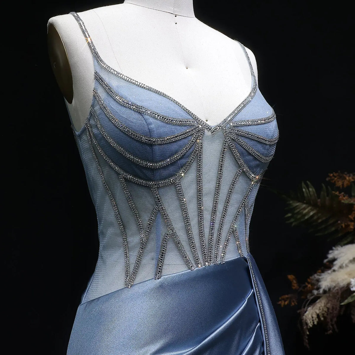Luxury Blue Crystal Sheer Ruched High-Slit Mermaid Prom Dress SH405 