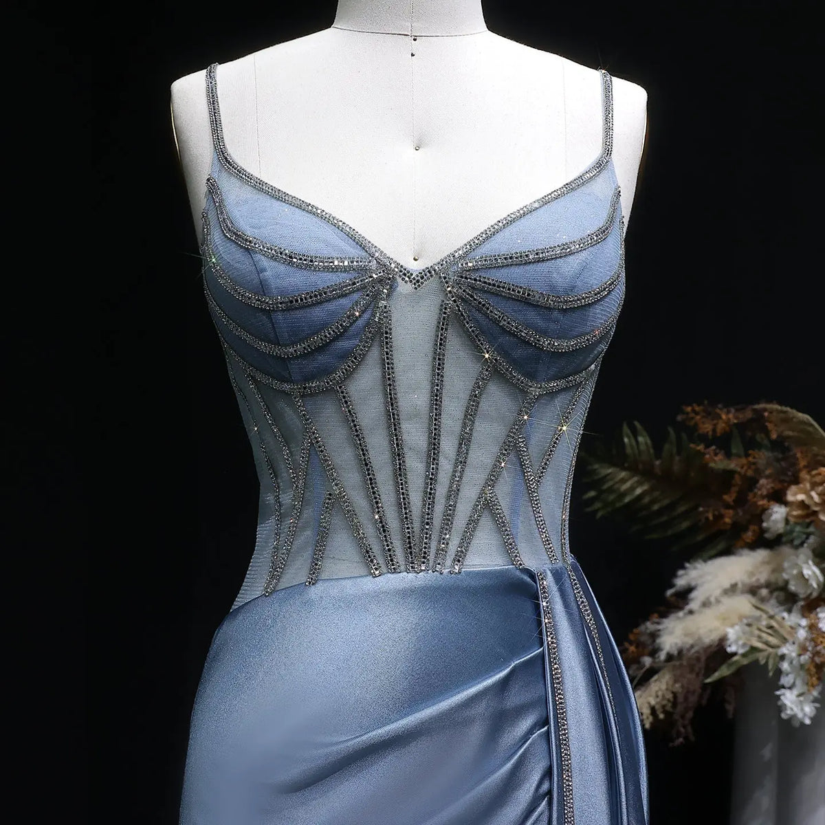 Luxury Blue Crystal Sheer Ruched High-Slit Mermaid Prom Dress SH405 