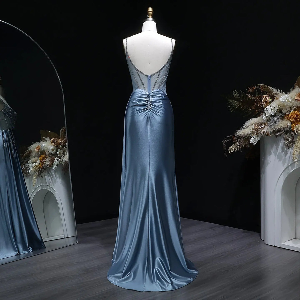 Luxury Blue Crystal Sheer Ruched High-Slit Mermaid Prom Dress SH405 