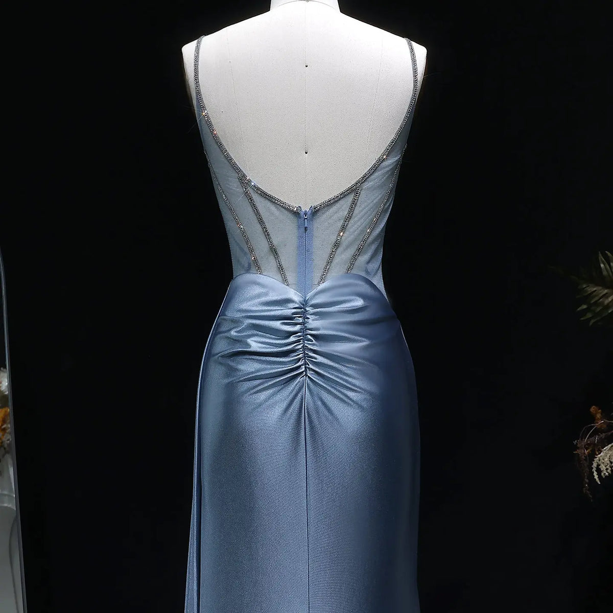 Luxury Blue Crystal Sheer Ruched High-Slit Mermaid Prom Dress SH405 