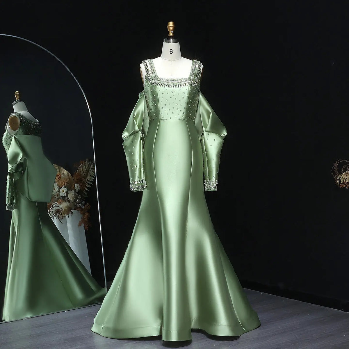 Luxury Khaki Beaded Satin Evening Dress with Statement Detachable Sleeves SS574-18
