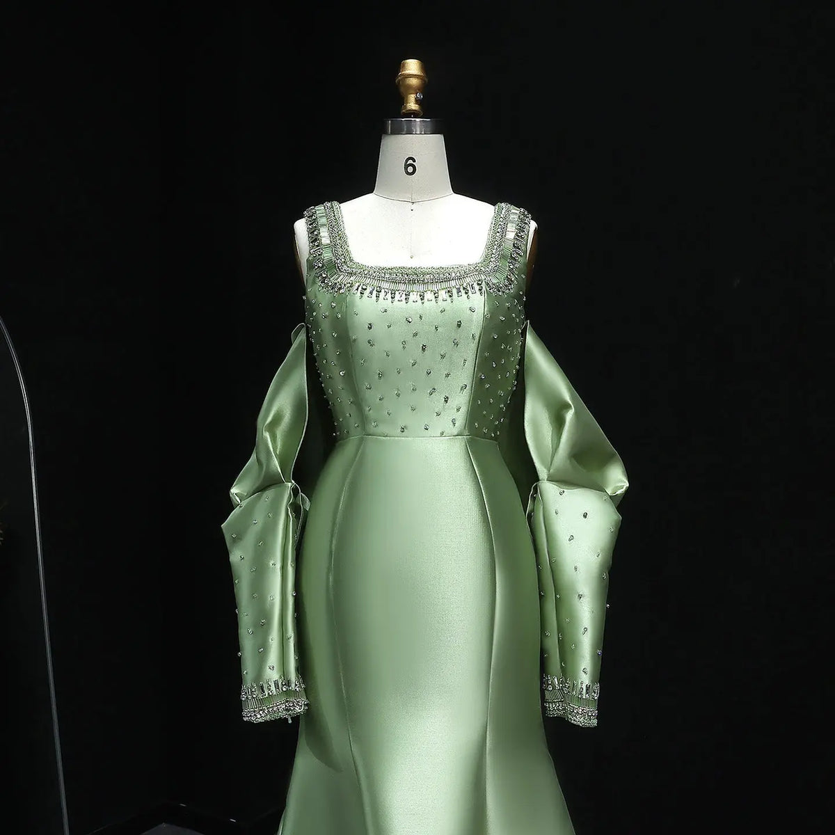 Luxury Khaki Beaded Satin Evening Dress with Statement Detachable Sleeves SS574-19