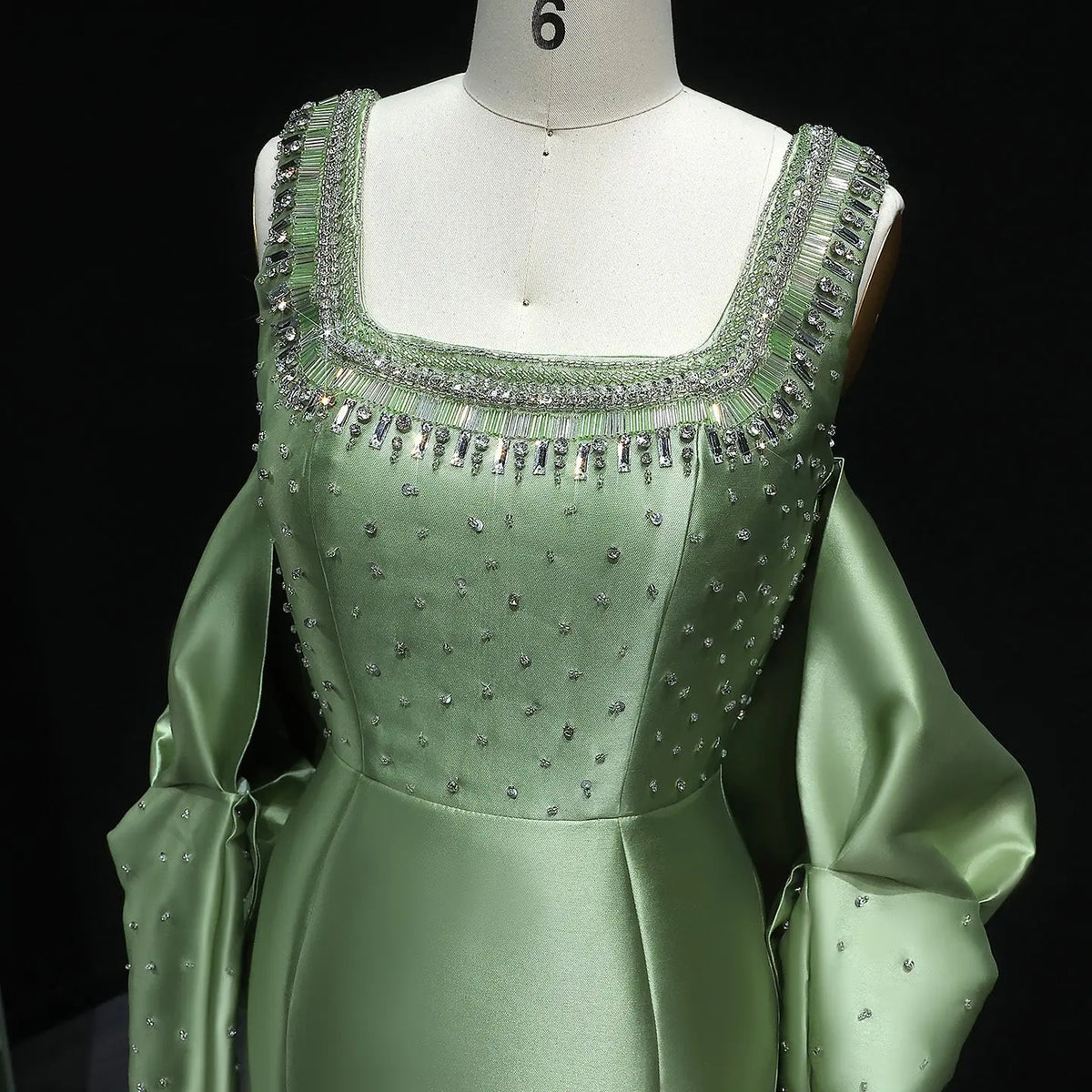 Luxury Khaki Beaded Satin Evening Dress with Statement Detachable Sleeves SS574-20