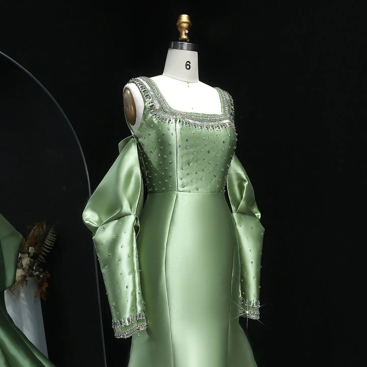 Luxury Khaki Beaded Satin Evening Dress with Statement Detachable Sleeves SS574-21