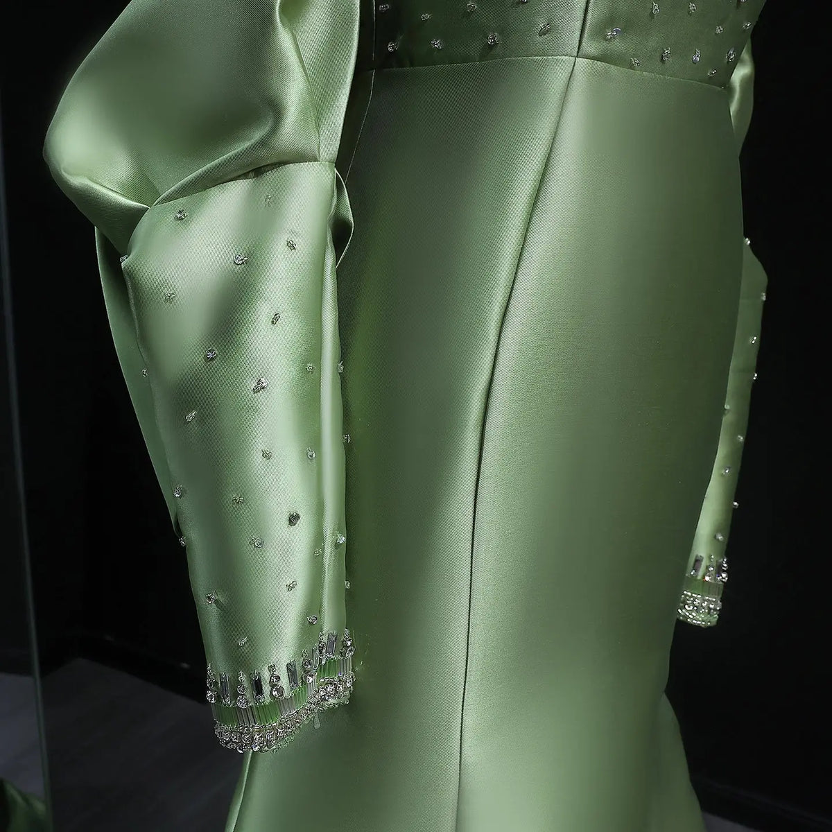 Luxury Khaki Beaded Satin Evening Dress with Statement Detachable Sleeves SS574-22