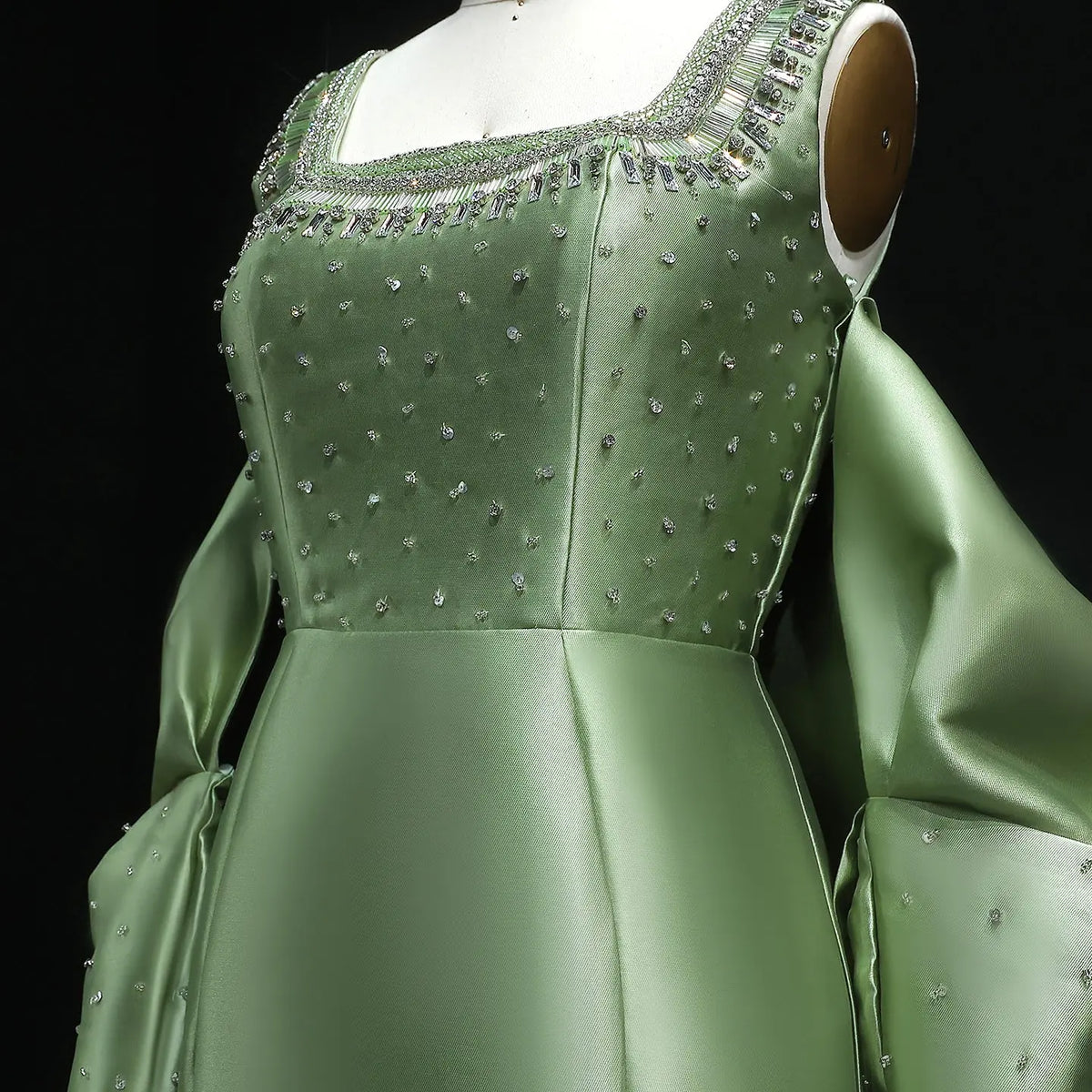 Luxury Khaki Beaded Satin Evening Dress with Statement Detachable Sleeves SS574-23