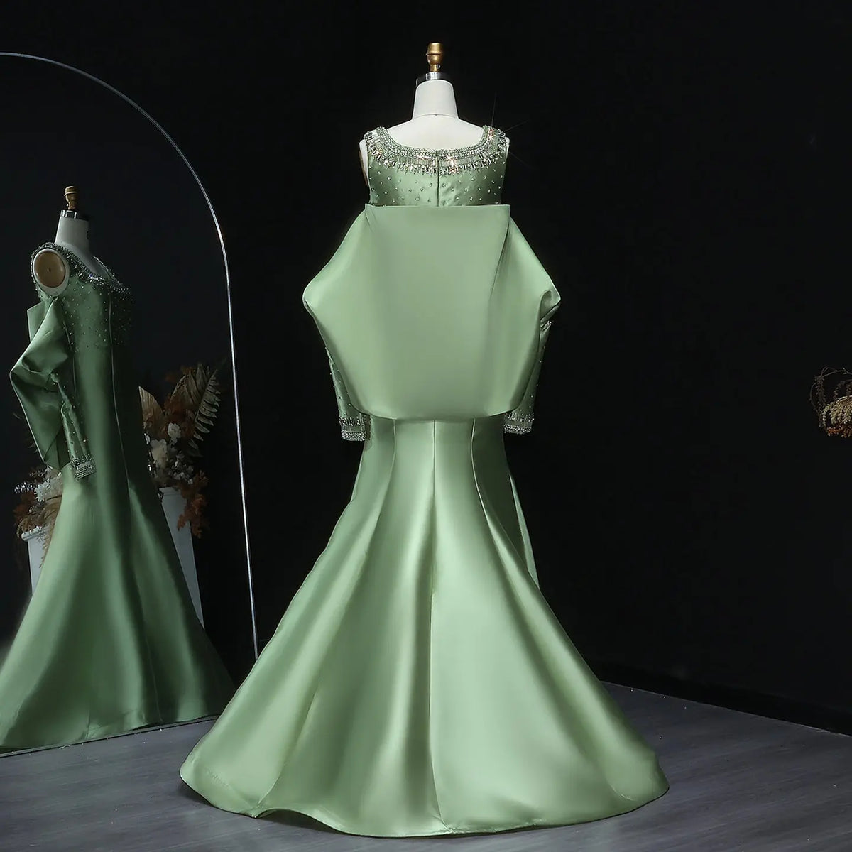 Luxury Khaki Beaded Satin Evening Dress with Statement Detachable Sleeves SS574-24