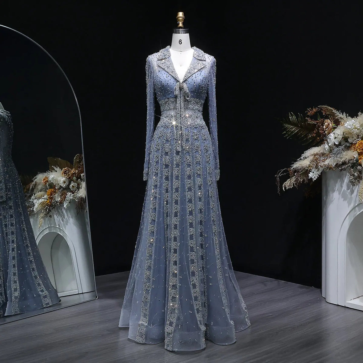 Luxury Champagne Notched Collar Long Sleeve Beaded Evening Dress SS419 