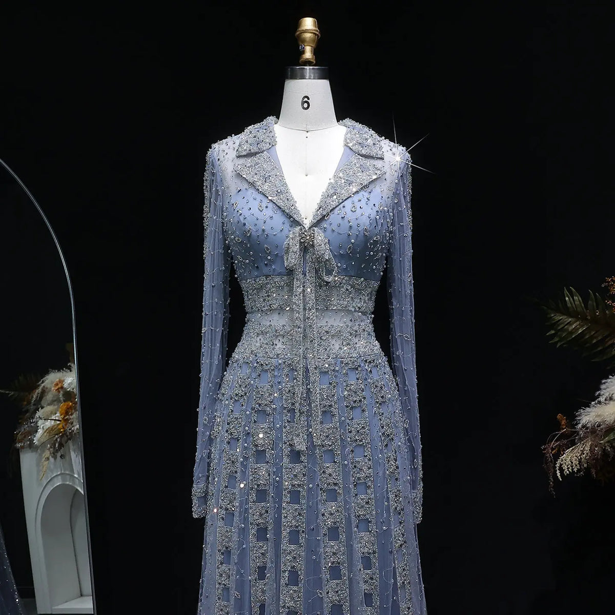 Luxury Champagne Notched Collar Long Sleeve Beaded Evening Dress SS419 