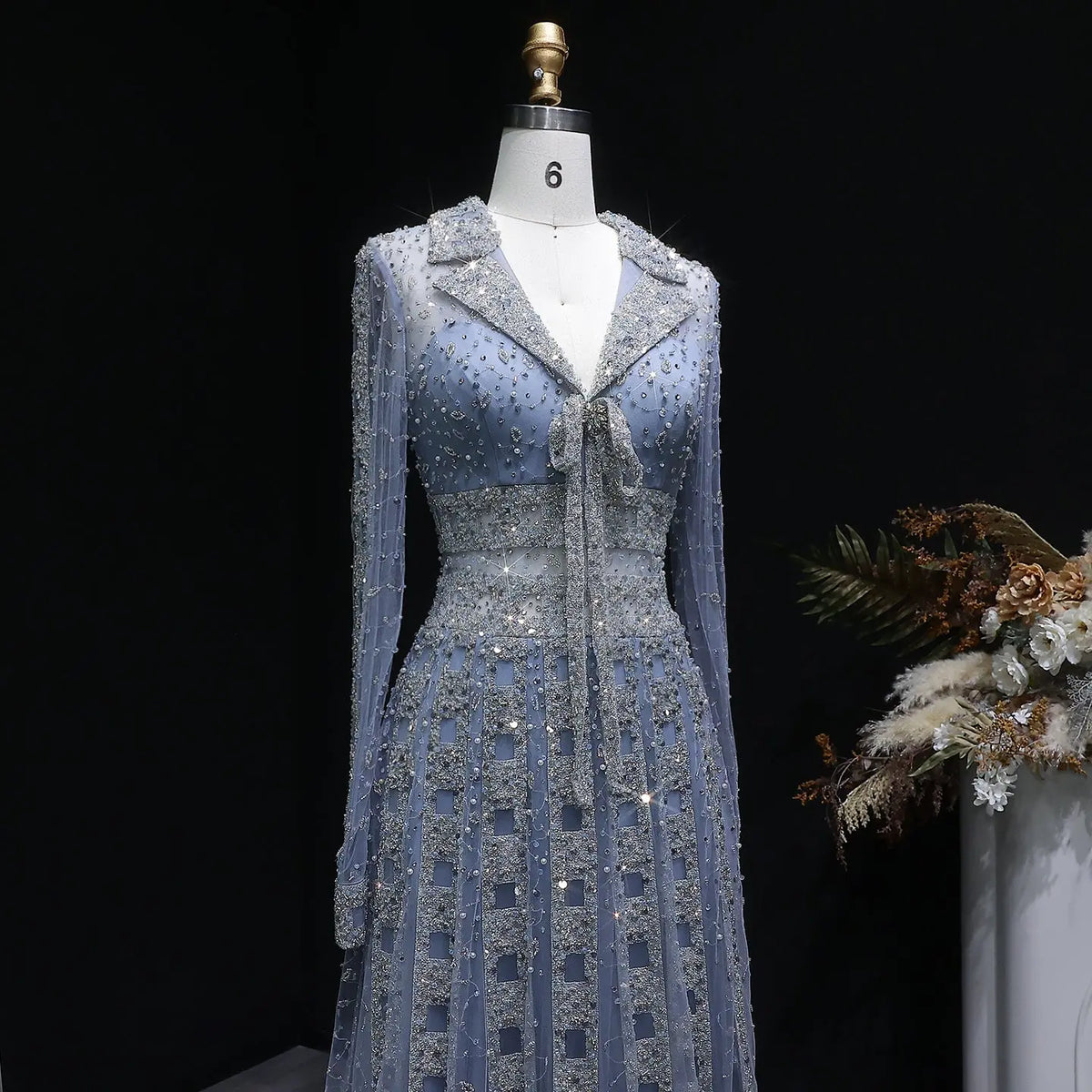 Luxury Champagne Notched Collar Long Sleeve Beaded Evening Dress SS419 