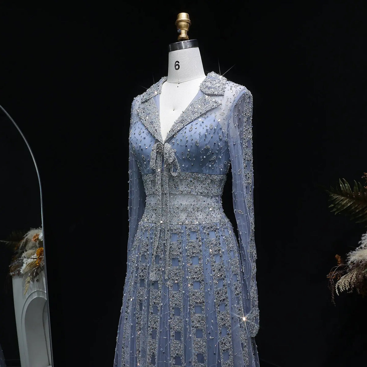 Luxury Champagne Notched Collar Long Sleeve Beaded Evening Dress SS419 