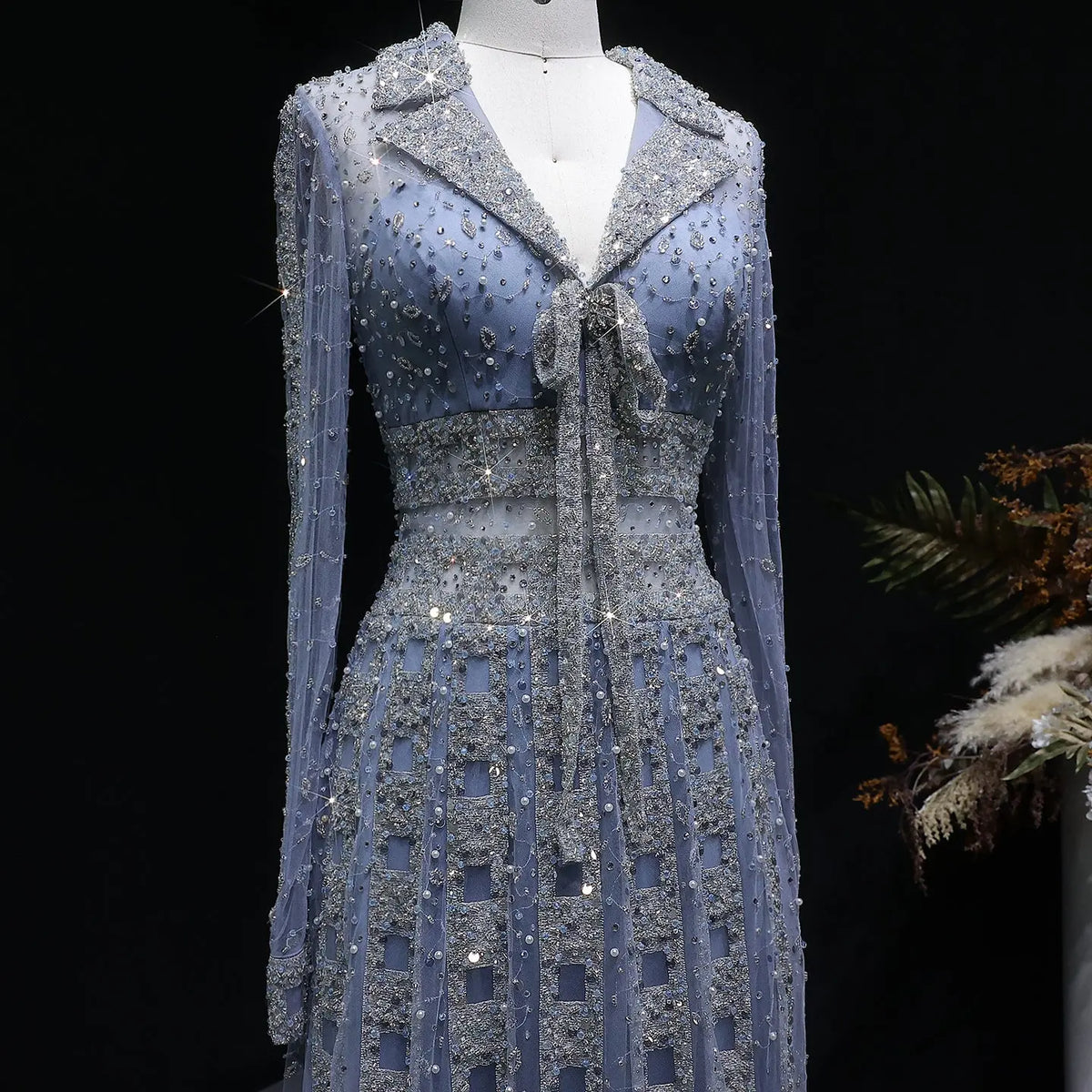 Luxury Champagne Notched Collar Long Sleeve Beaded Evening Dress SS419 