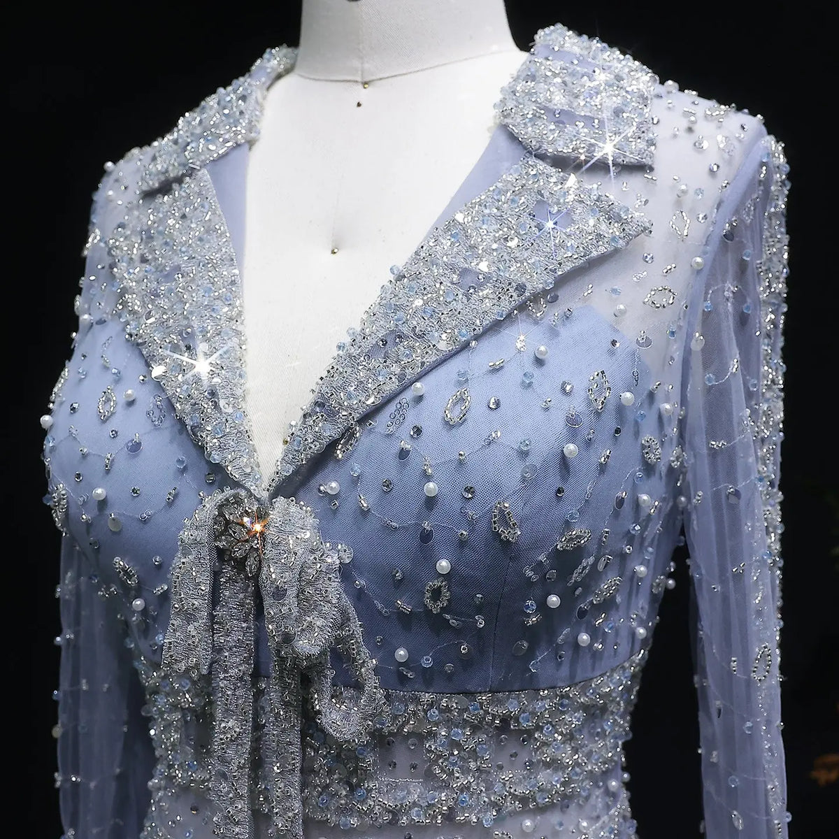 Luxury Champagne Notched Collar Long Sleeve Beaded Evening Dress SS419 