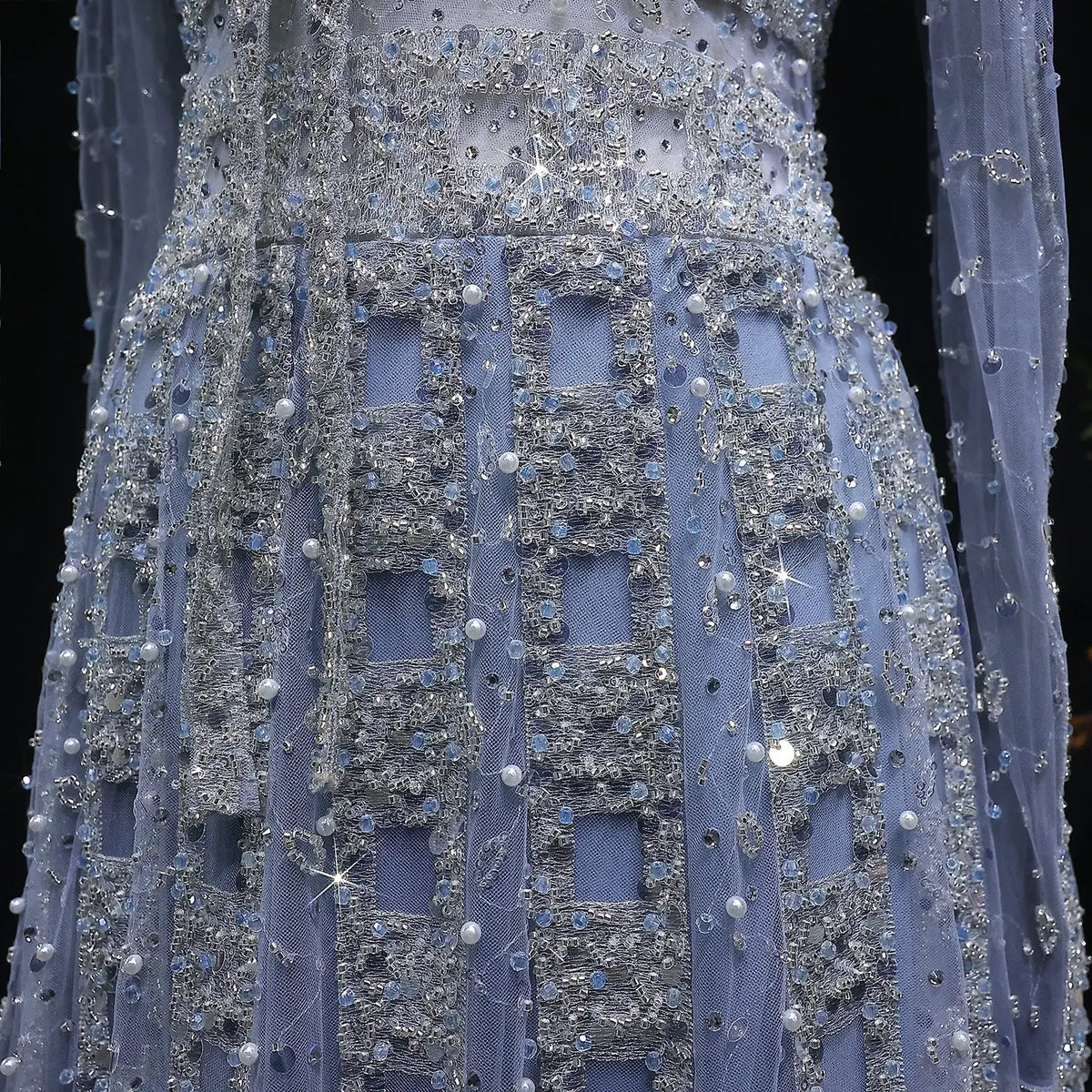 Luxury Champagne Notched Collar Long Sleeve Beaded Evening Dress SS419 