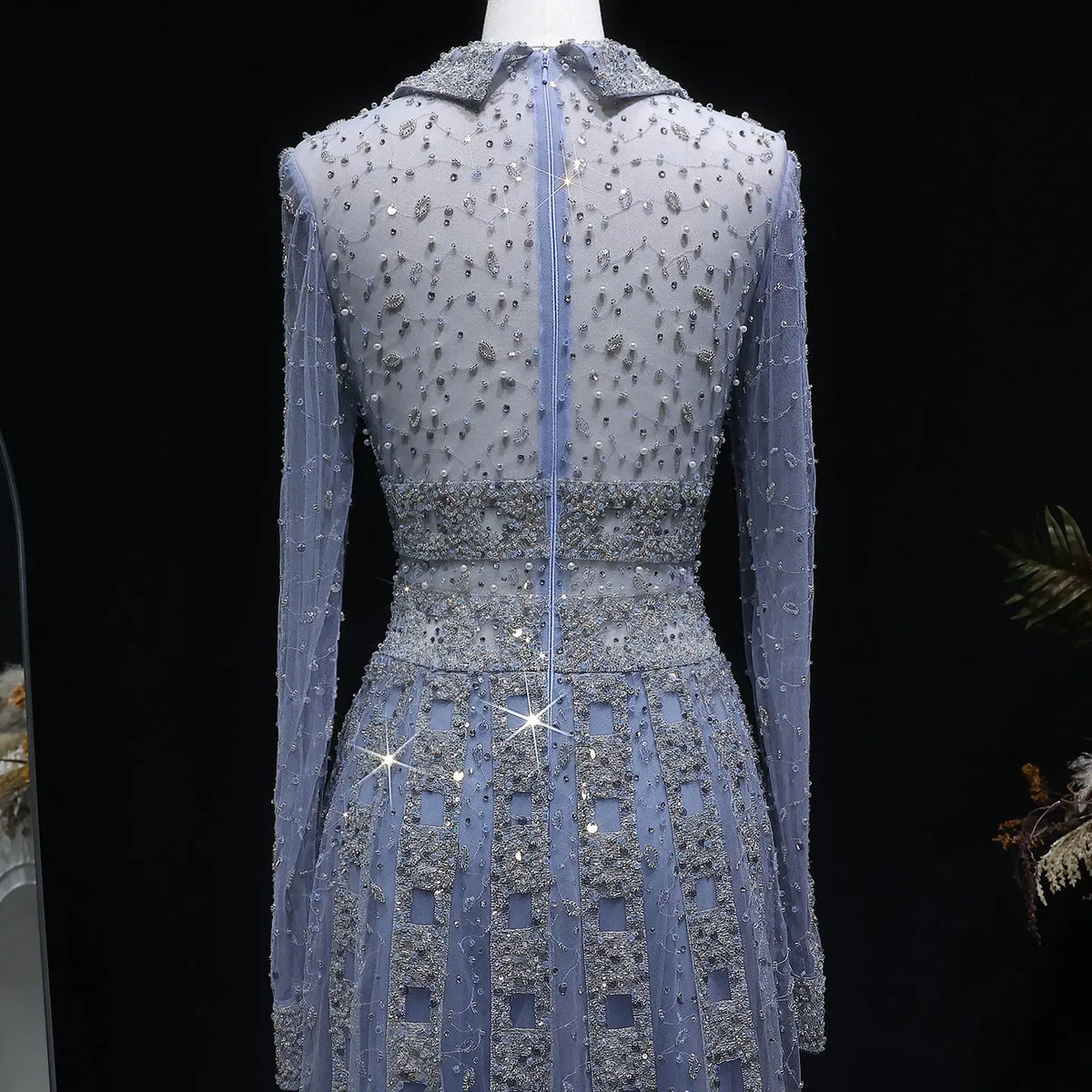 Luxury Champagne Notched Collar Long Sleeve Beaded Evening Dress SS419 