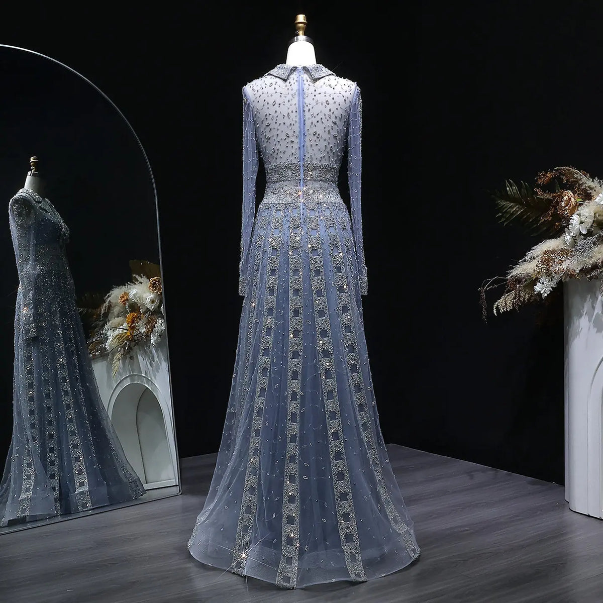 Luxury Champagne Notched Collar Long Sleeve Beaded Evening Dress SS419 