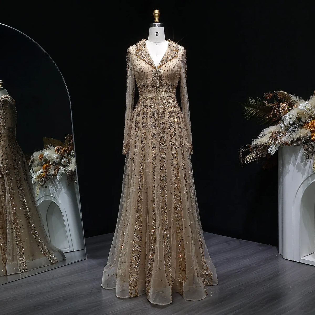 Luxury Champagne Notched Collar Long Sleeve Beaded Evening Dress SS419 