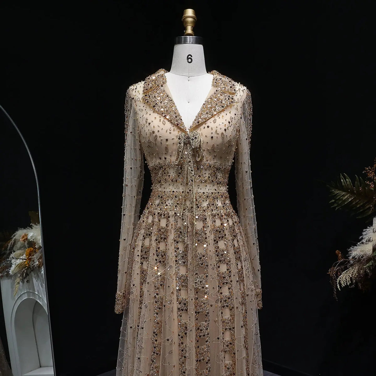 Luxury Champagne Notched Collar Long Sleeve Beaded Evening Dress SS419 