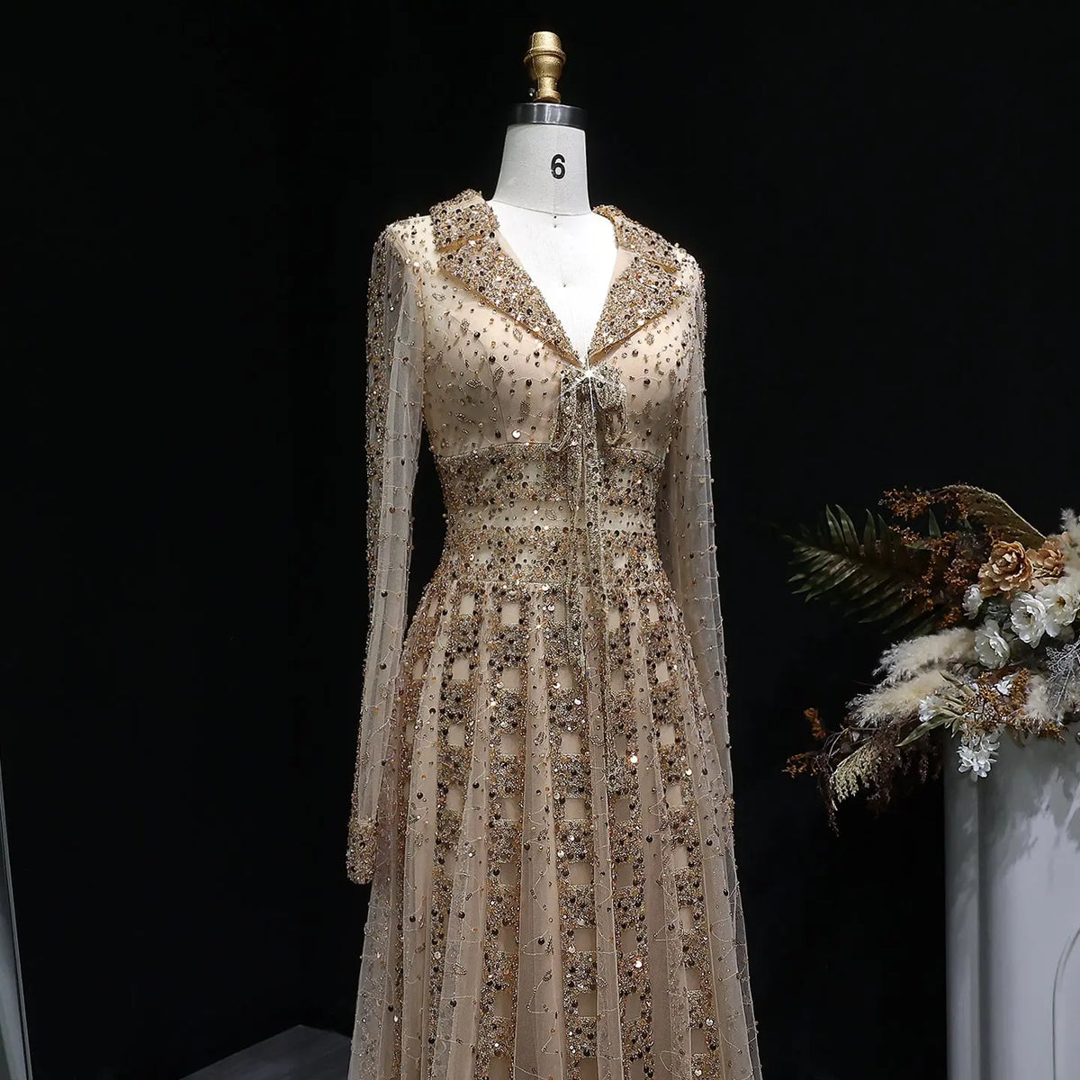 Luxury Champagne Notched Collar Long Sleeve Beaded Evening Dress SS419 