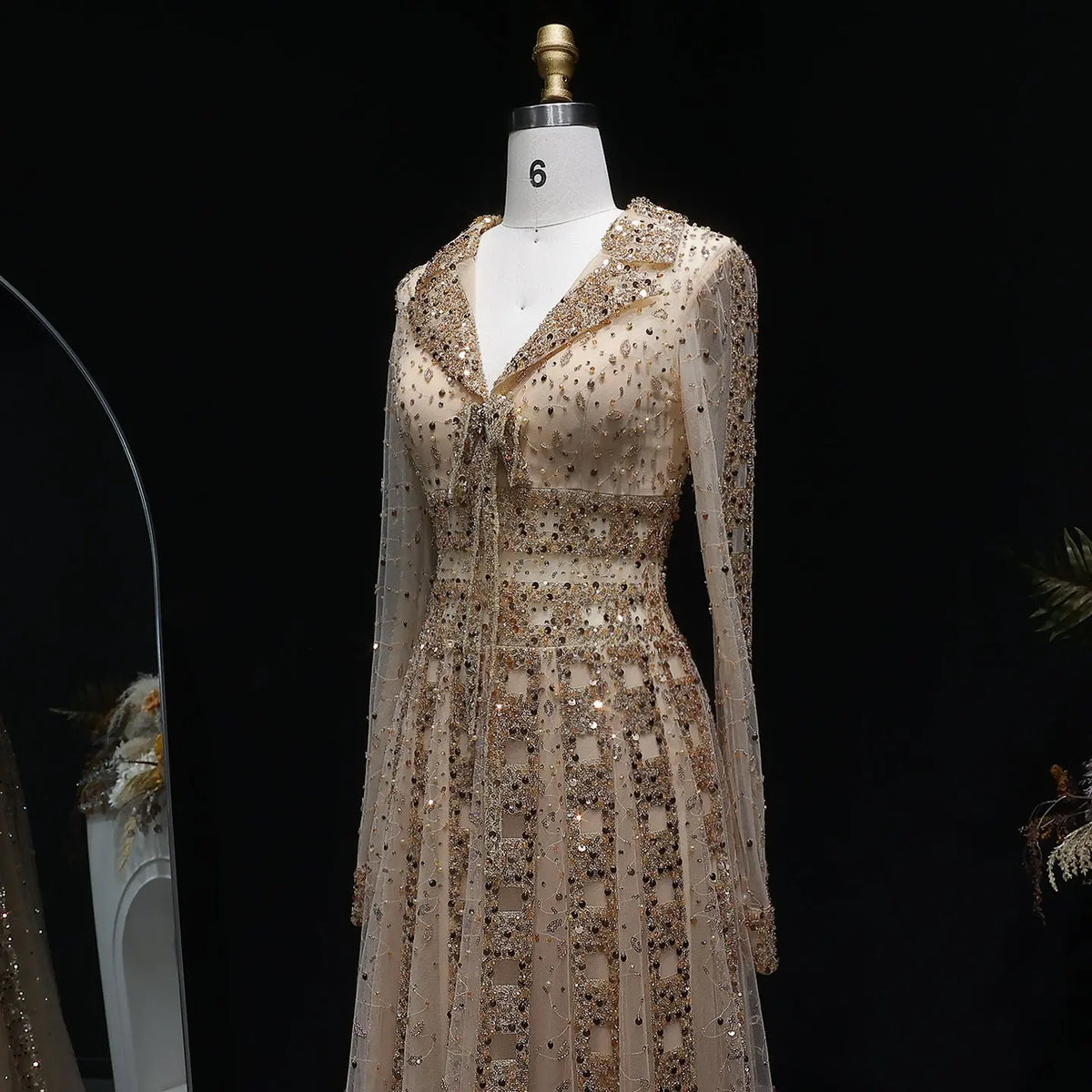 Luxury Champagne Notched Collar Long Sleeve Beaded Evening Dress SS419 