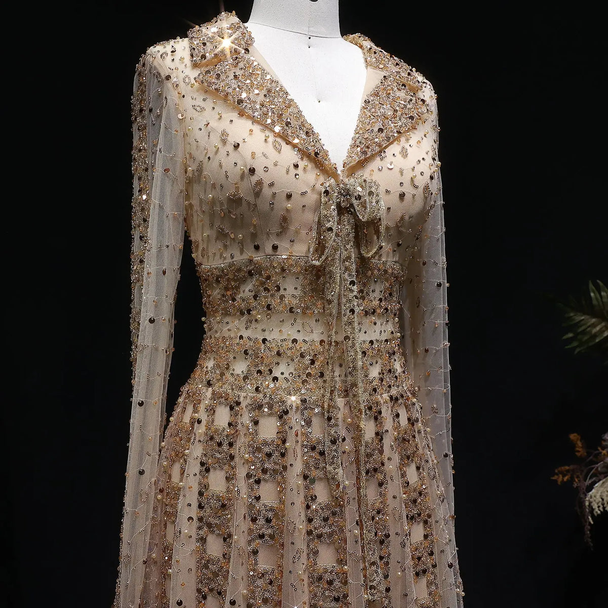 Luxury Champagne Notched Collar Long Sleeve Beaded Evening Dress SS419 