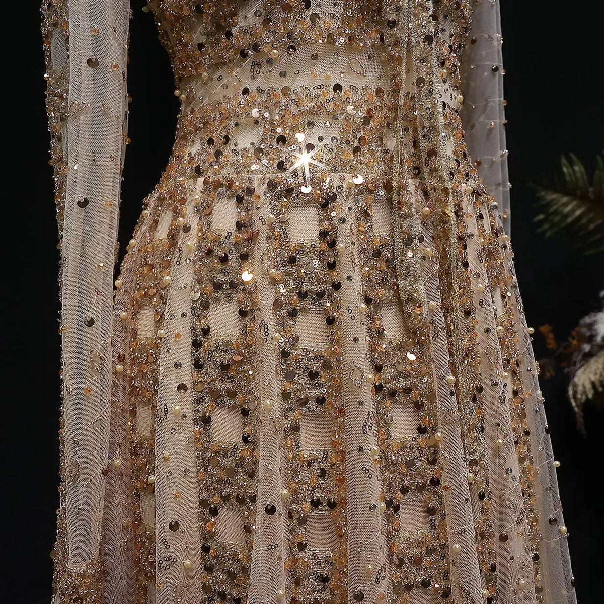 Luxury Champagne Notched Collar Long Sleeve Beaded Evening Dress SS419 