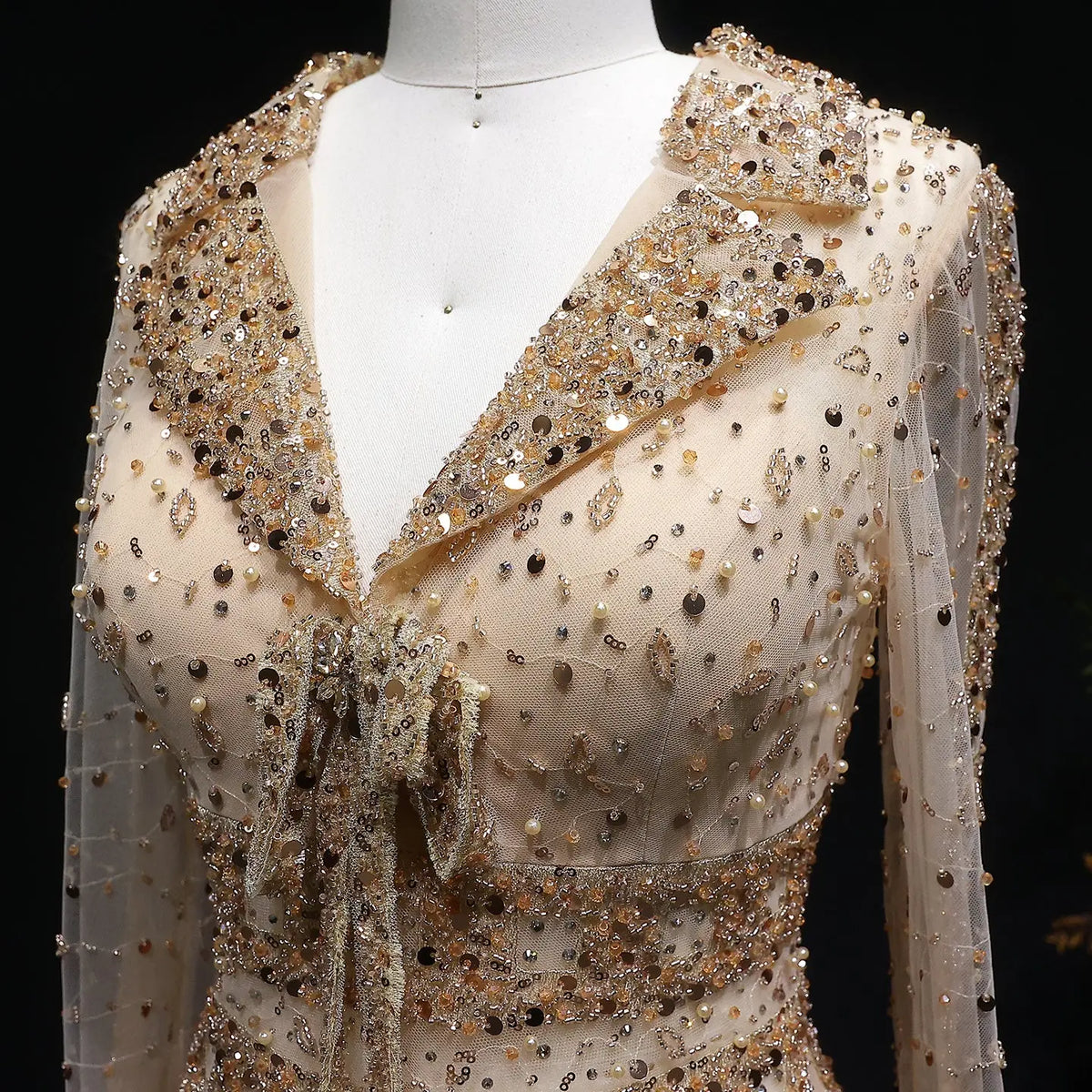 Luxury Champagne Notched Collar Long Sleeve Beaded Evening Dress SS419 